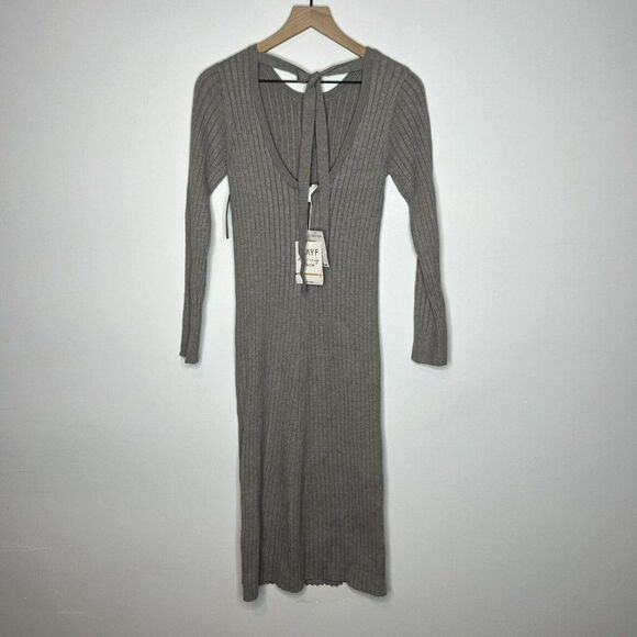 Wayf Dede Emily Ribbed Bodycon Sweater Dress S Small Gray Open Back Bow Tie NWT - Picture 6 of 7